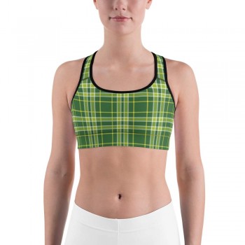 Plaid and Checkered Sports Bra, Green with Yellow Stripes for St Pattys Day