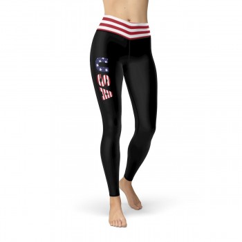 USA Black Leggings with Red & White Striped from USA Flag Waistband Leggings