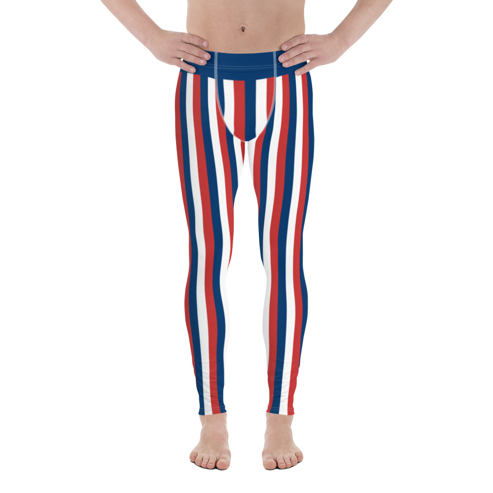 Blue, Red and White Vertical Striped Men's Leggings (Costa Rica) for Sale