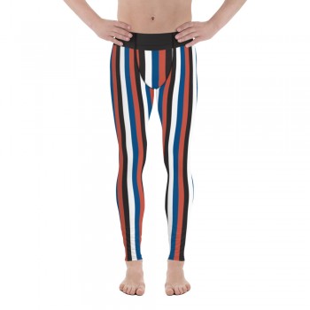 Blue, Red, Black & White Vertical Striped Men's Leggings (Korea)
